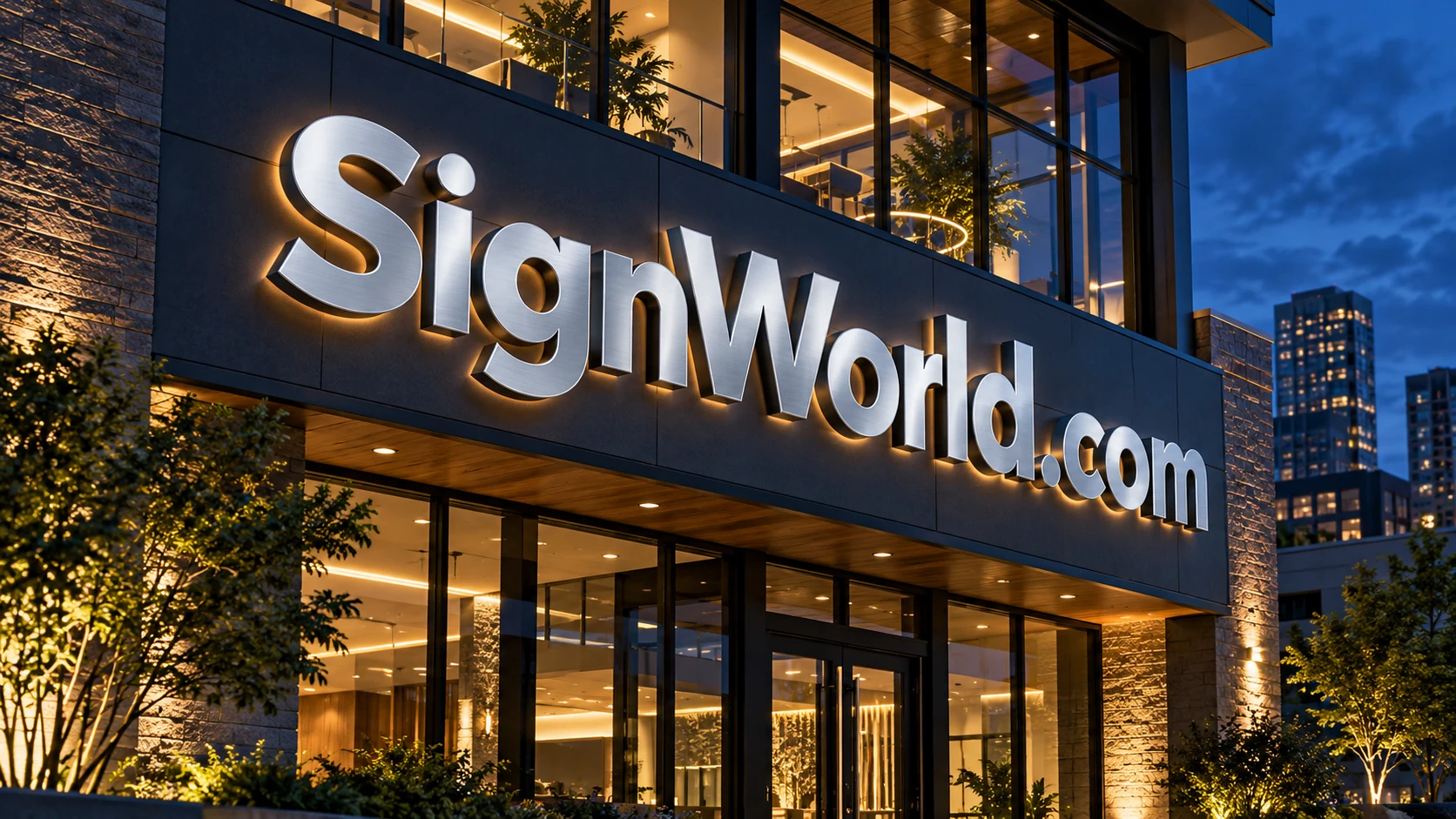 Illuminated architectural signage in a working commercial setting