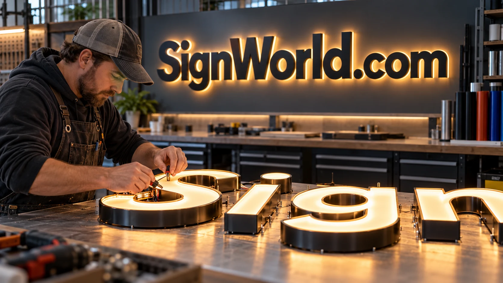 Dimensional SignWorld.com lettering in a professional sign workshop